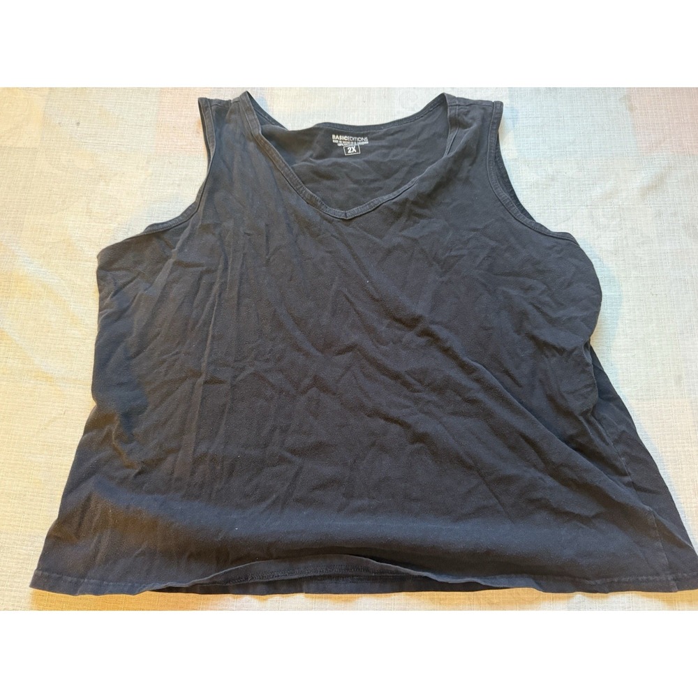 Basic Editions Women's 2X Black V-Neck Sleeveless Tank Top 100% Cotton—1